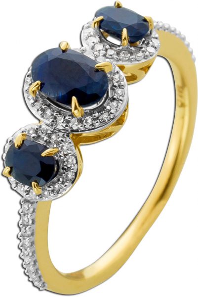 Ring Gelbgold 585 3 blaue Saphire 0.52ct  55 Diamanten 0.20ct